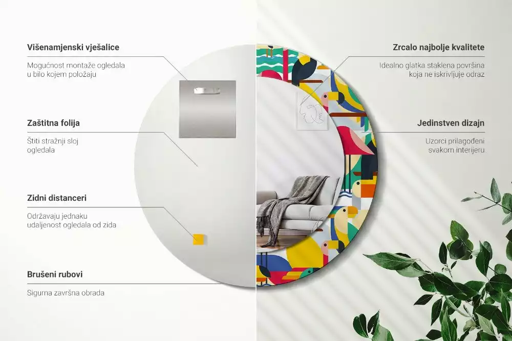 Kerek tükör fali dísz Geometrikus trópusi madarak