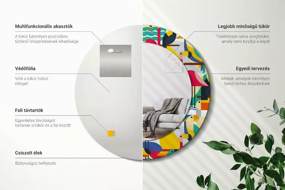 Kerek tükör fali dísz Geometrikus trópusi madarak