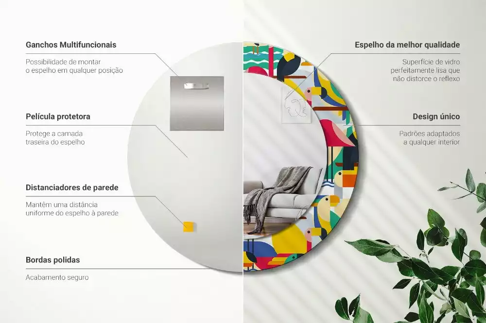 Kerek tükör fali dísz Geometrikus trópusi madarak