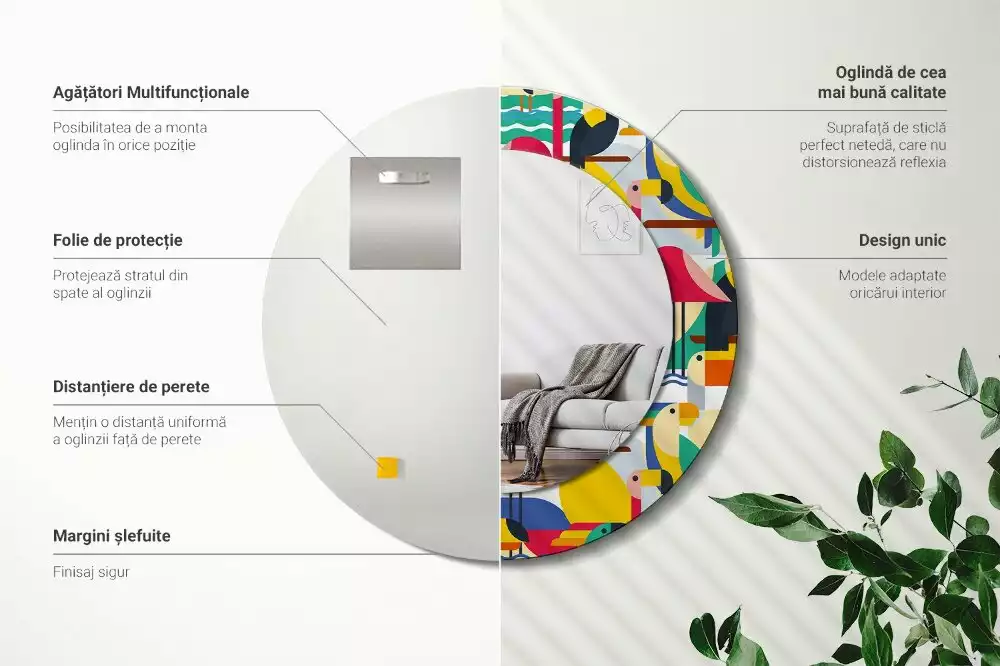 Kerek tükör fali dísz Geometrikus trópusi madarak