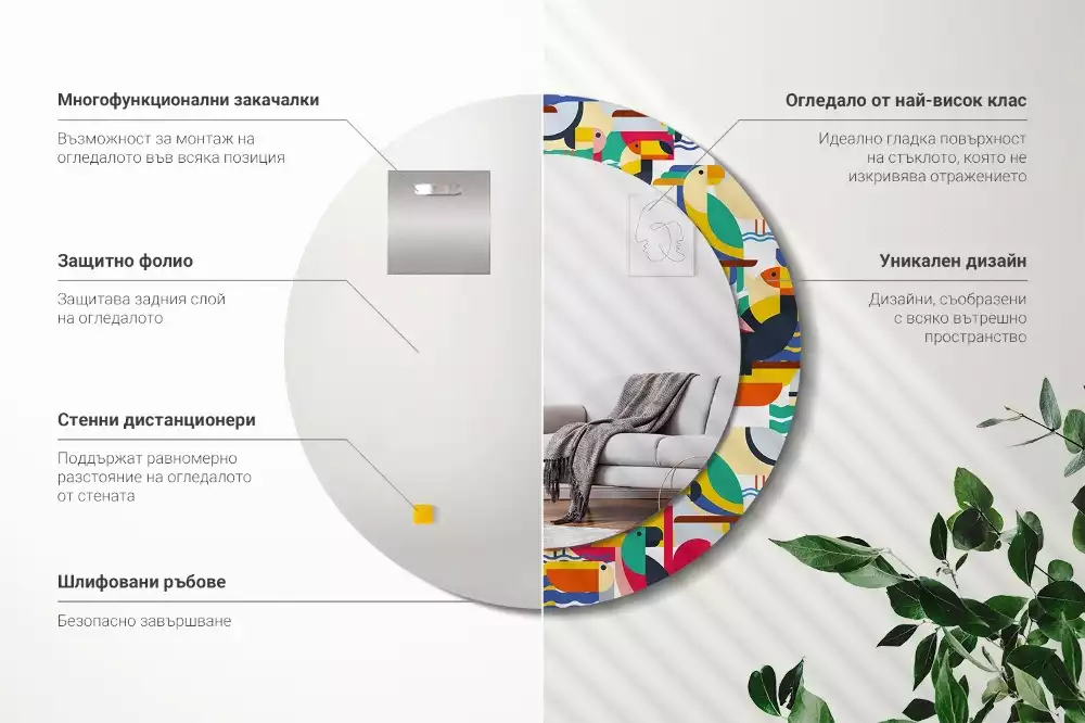 Kerek tükör fali dísz Geometrikus trópusi madarak