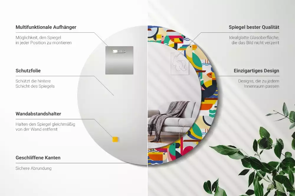 Kerek tükör fali dísz Geometrikus trópusi madarak