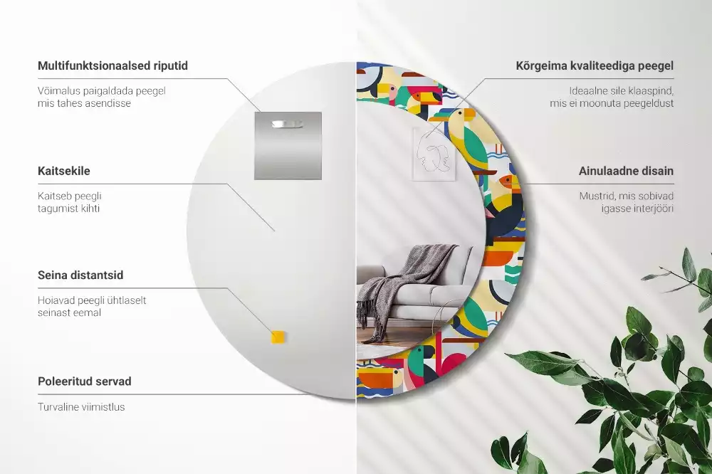 Kerek tükör fali dísz Geometrikus trópusi madarak