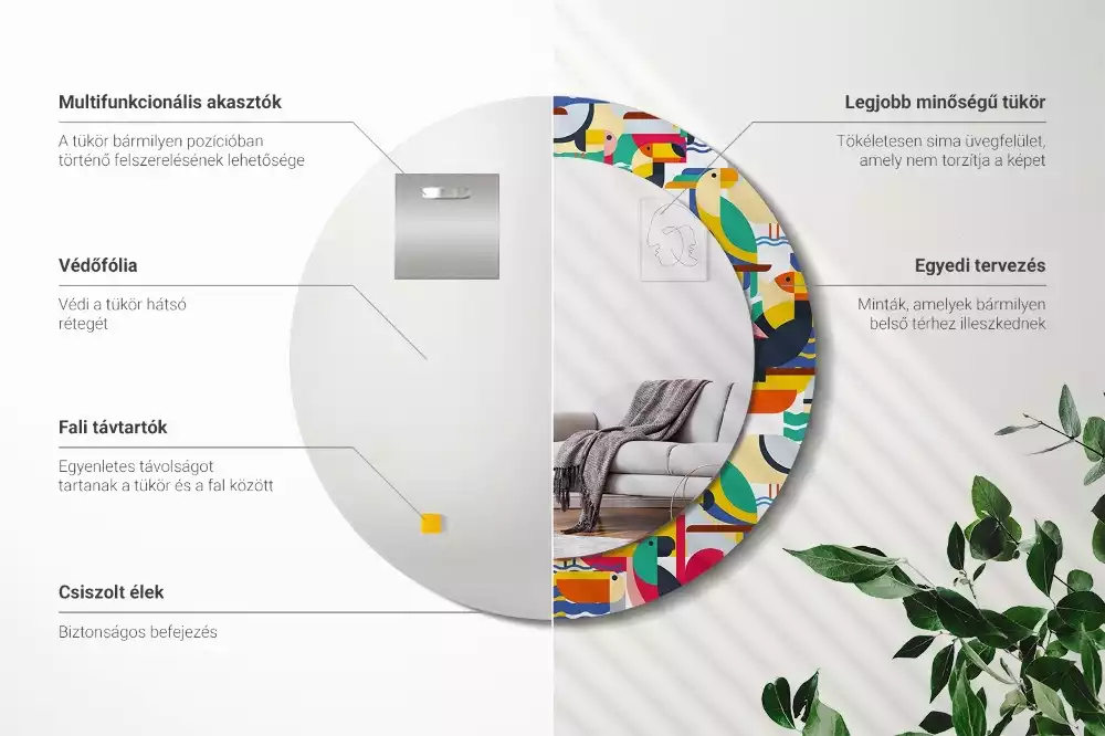 Kerek tükör fali dísz Geometrikus trópusi madarak