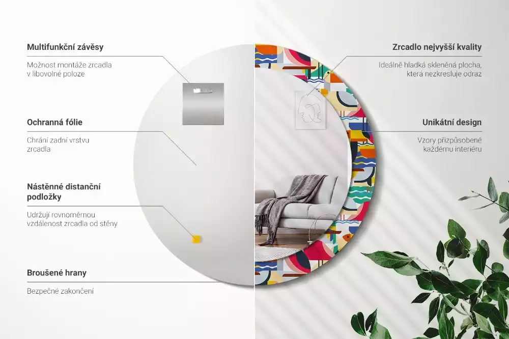 Kerek tükör fali dísz Geometrikus trópusi madarak