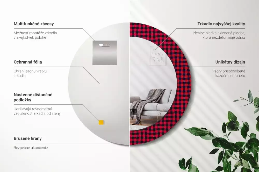 Kerek tükör fali dísz Piros kockás