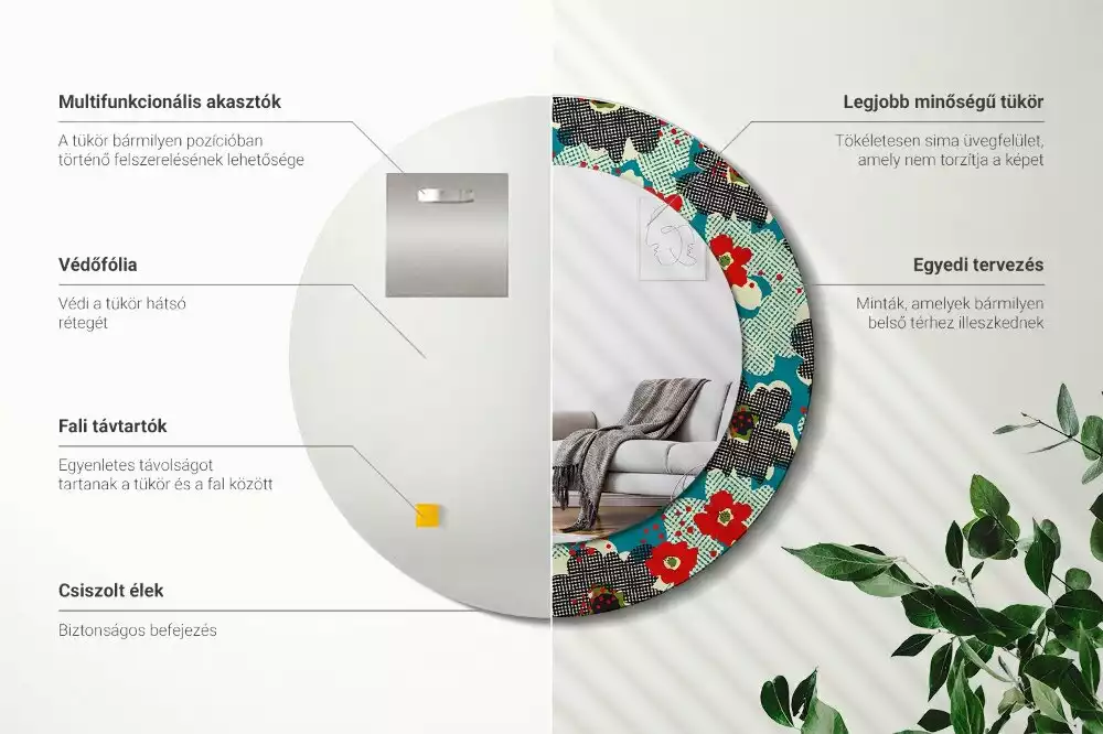 Kerek tükör fali dísz Retro virágmintás