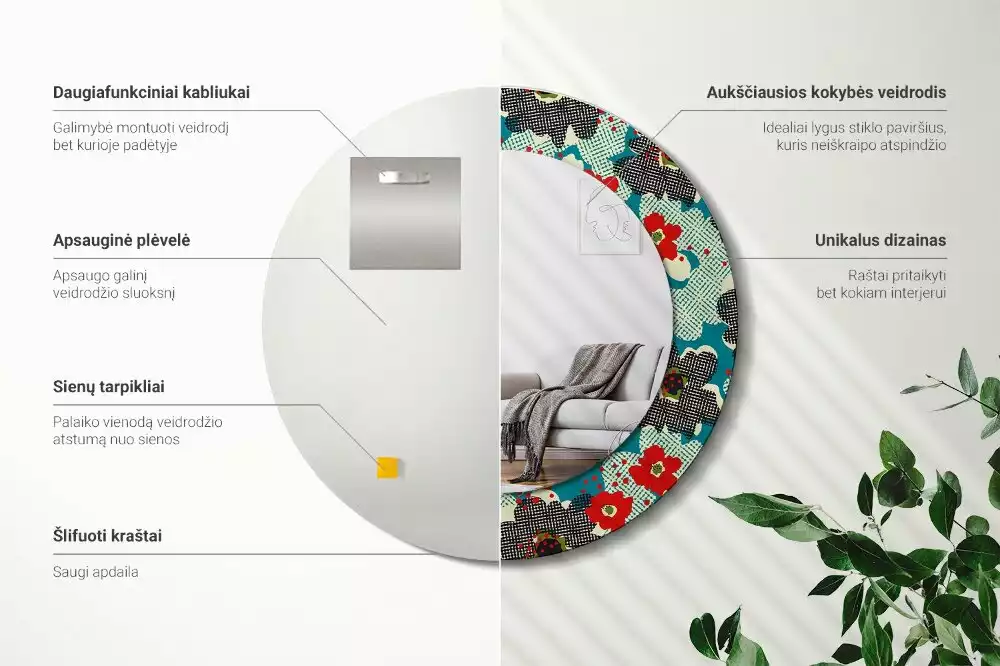 Kerek tükör fali dísz Retro virágmintás