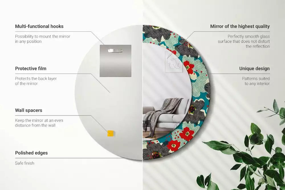 Kerek tükör fali dísz Retro virágmintás