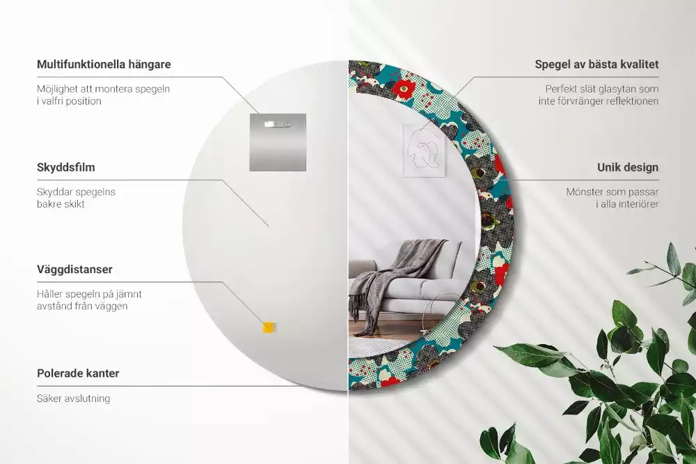 Kerek tükör fali dísz Retro virágmintás