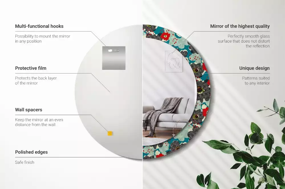 Kerek tükör fali dísz Retro virágmintás