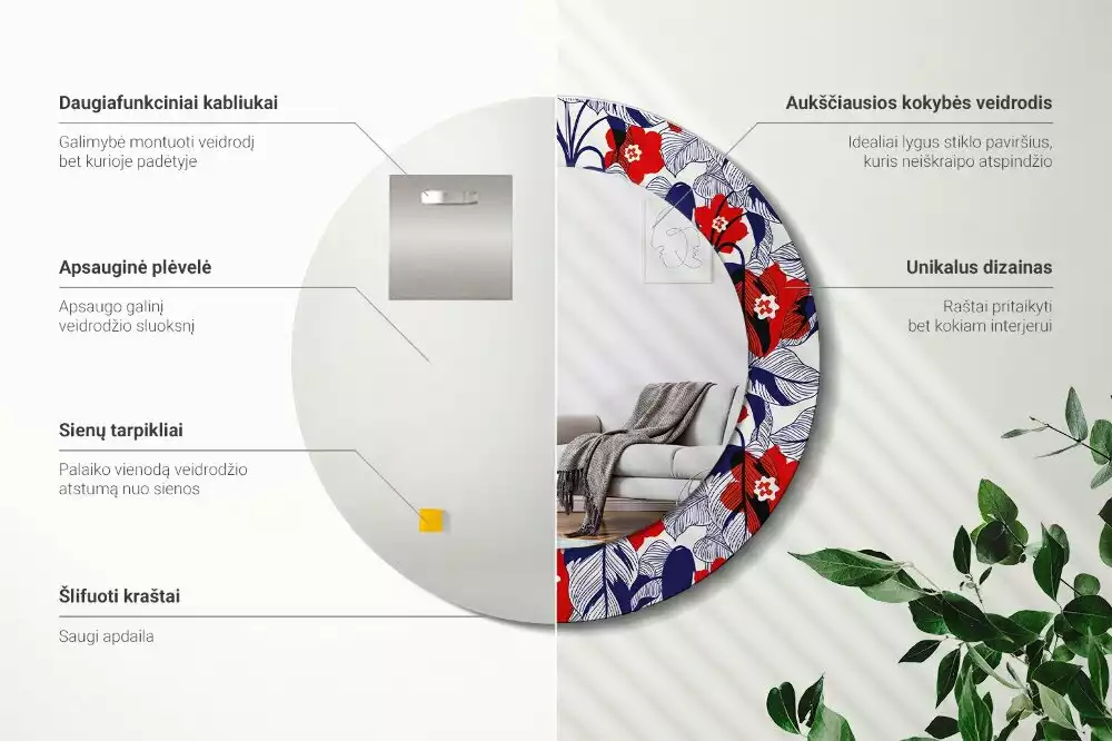 Kerek tükör fali dísz Filodendronok