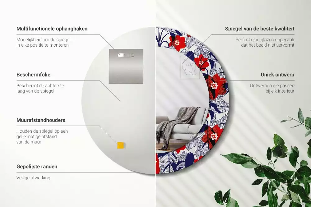 Kerek tükör fali dísz Filodendronok