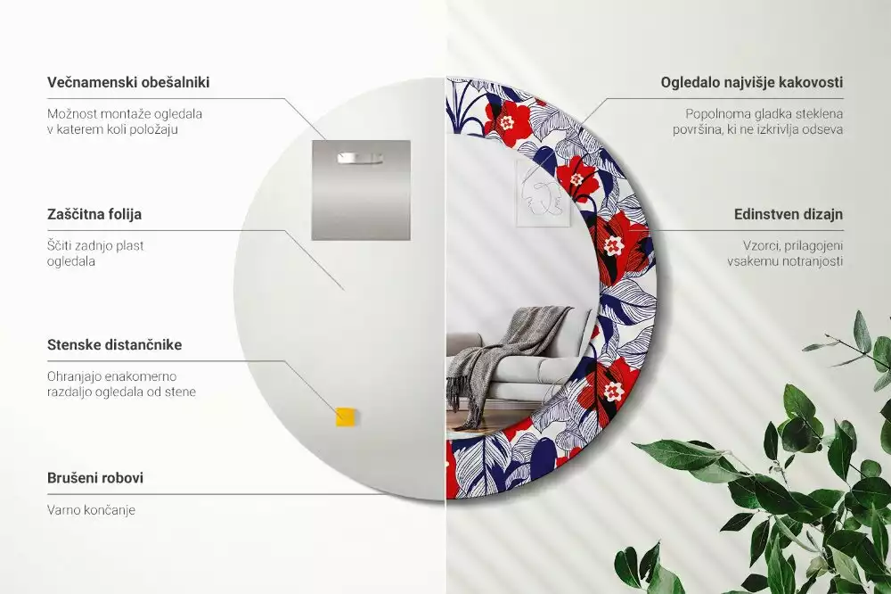 Kerek tükör fali dísz Filodendronok