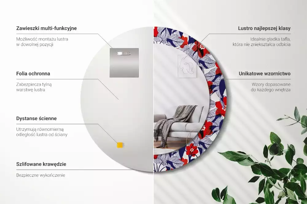 Kerek tükör fali dísz Filodendronok