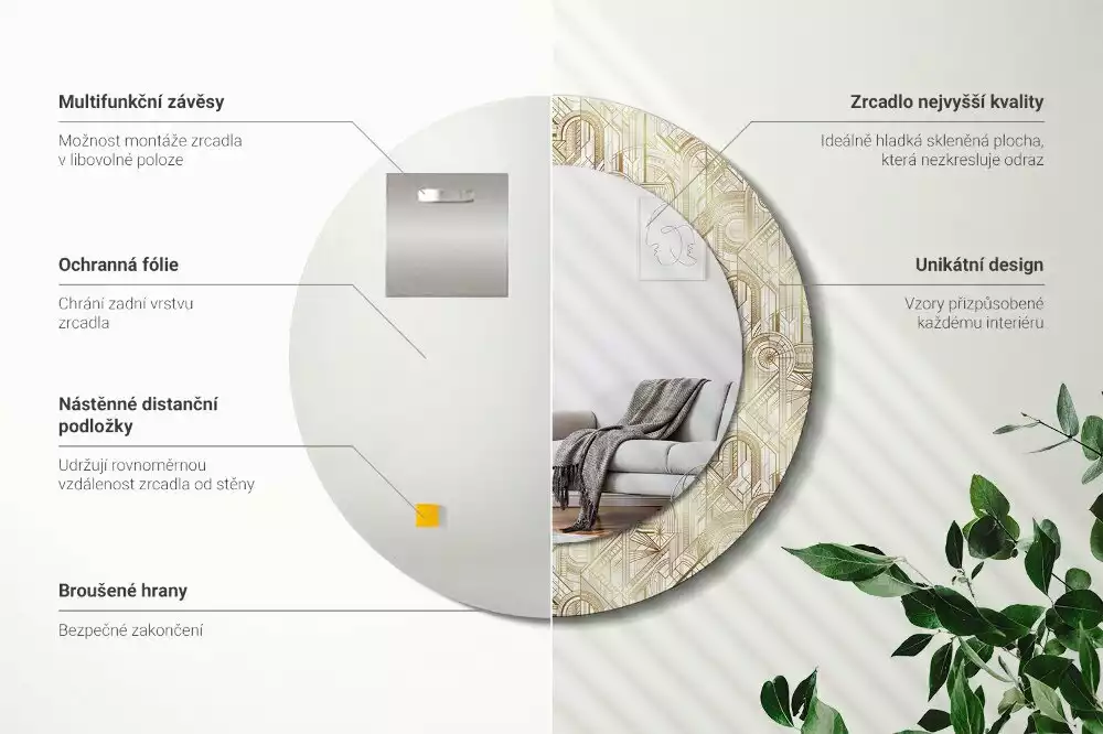 Kerek tükör fali dísz Art deco kompozíció