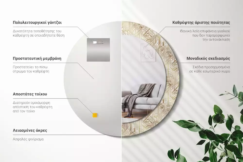 Kerek tükör fali dísz Art deco kompozíció