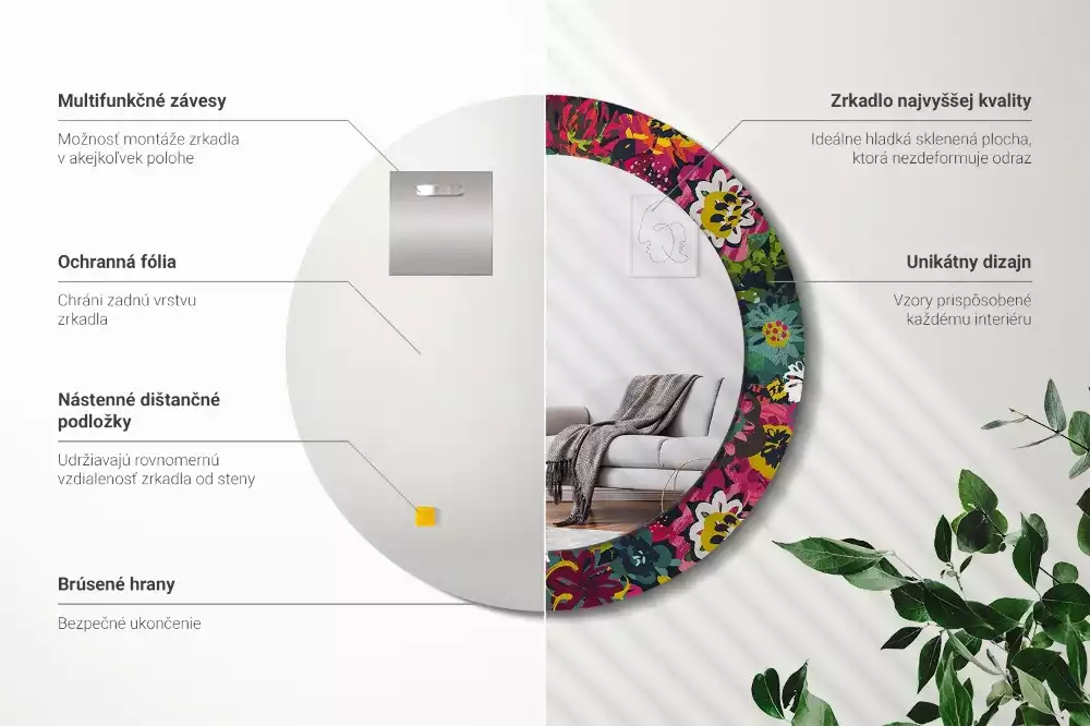 Kerek tükör fali dísz Festett virágok