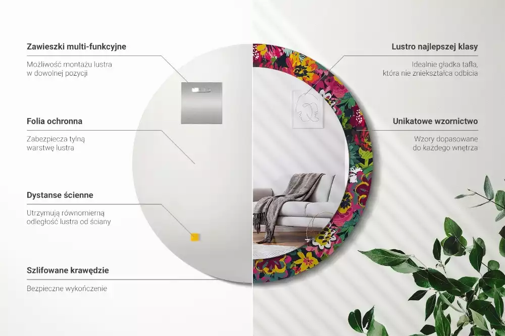 Kerek tükör fali dísz Festett virágok