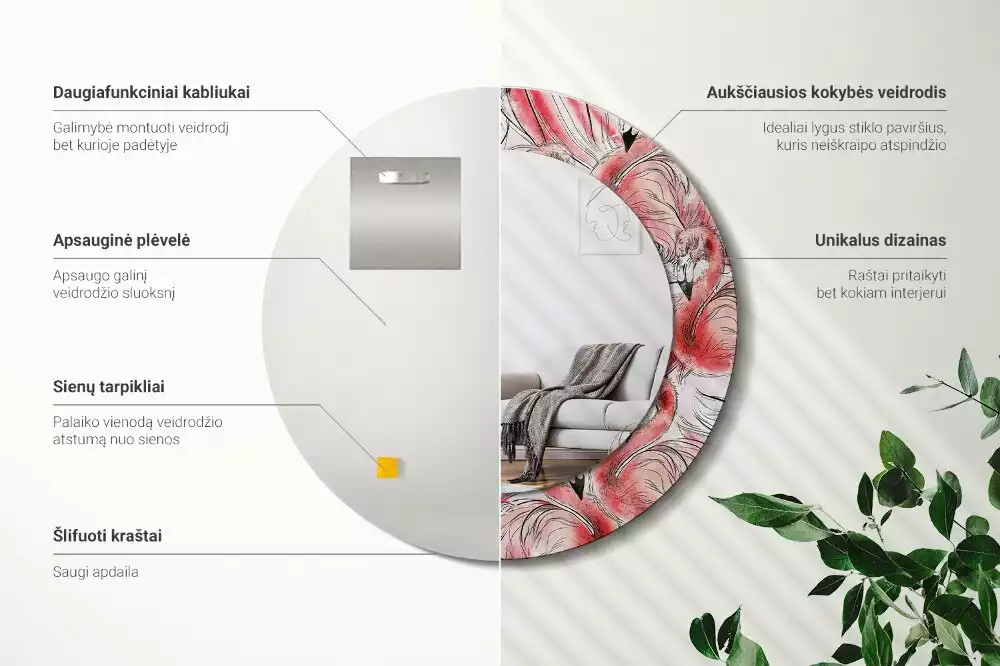 Kerek tükör fali dísz Flamingók