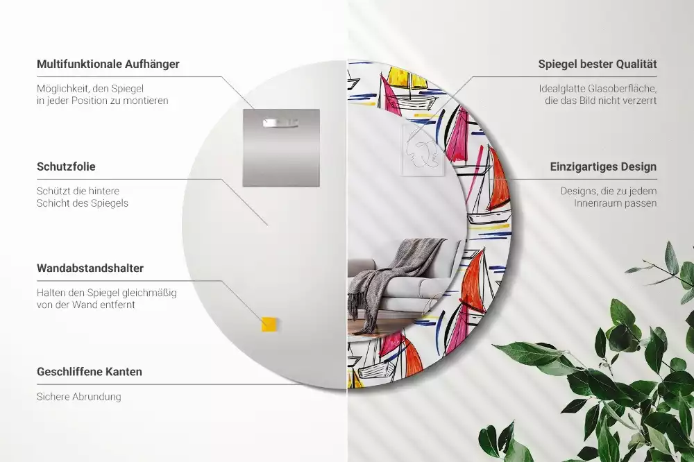 Kerek tükör fali dísz Színes csónakok