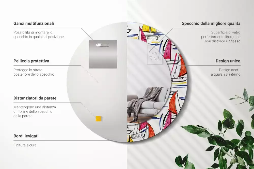 Kerek tükör fali dísz Színes csónakok