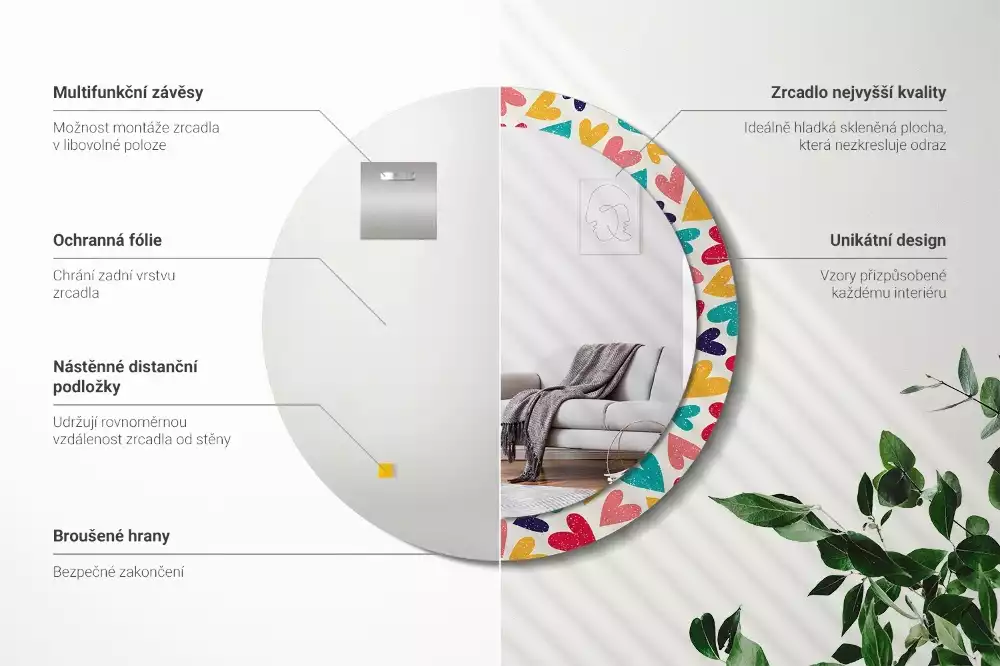 Kerek tükör fali dísz Színes szívek