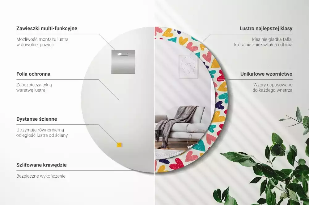 Kerek tükör fali dísz Színes szívek