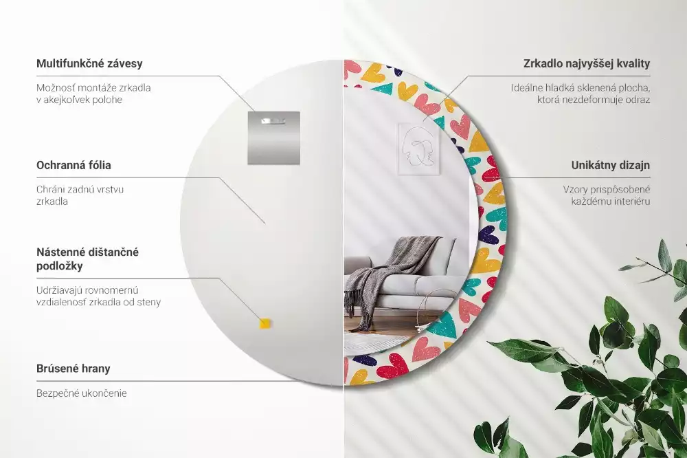 Kerek tükör fali dísz Színes szívek