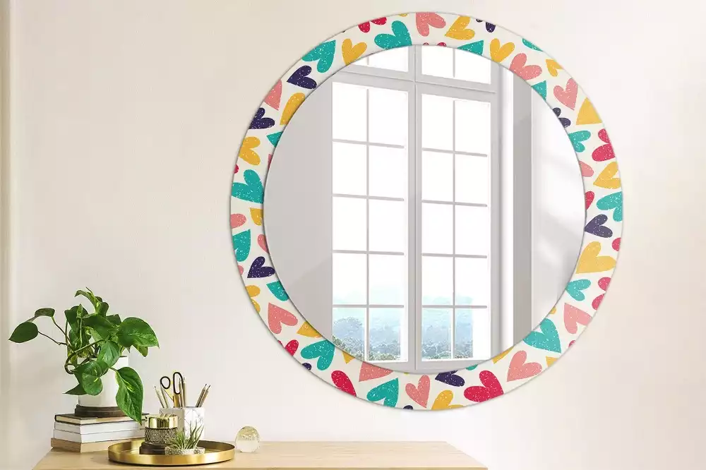 Kerek tükör fali dísz Színes szívek