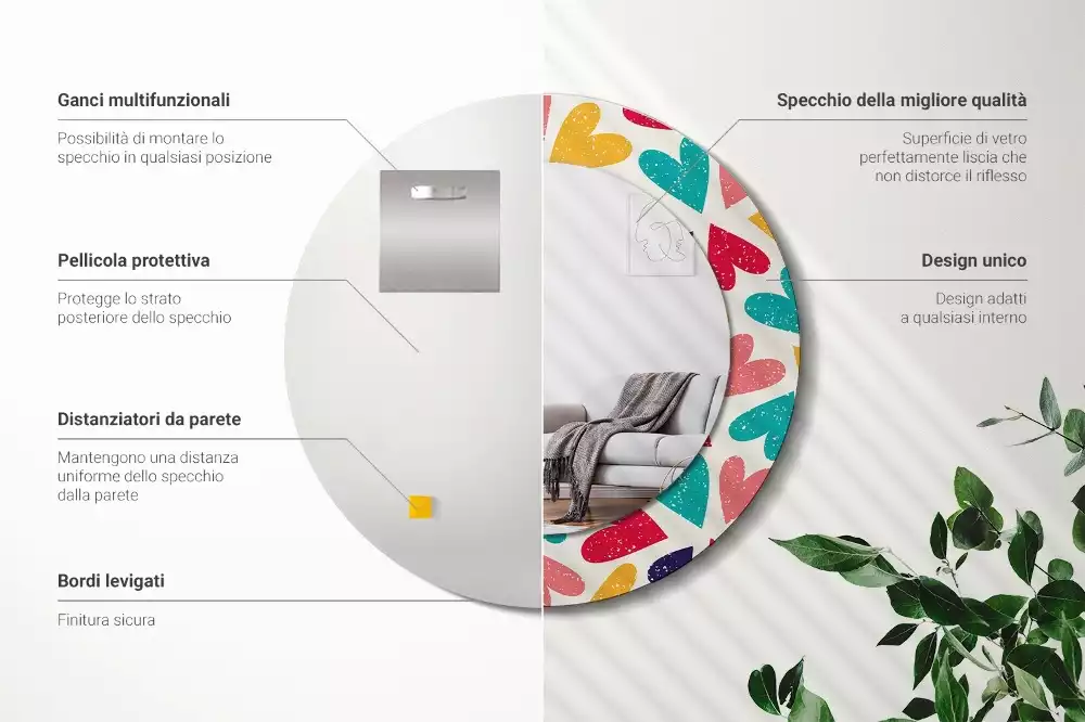 Kerek tükör fali dísz Színes szívek