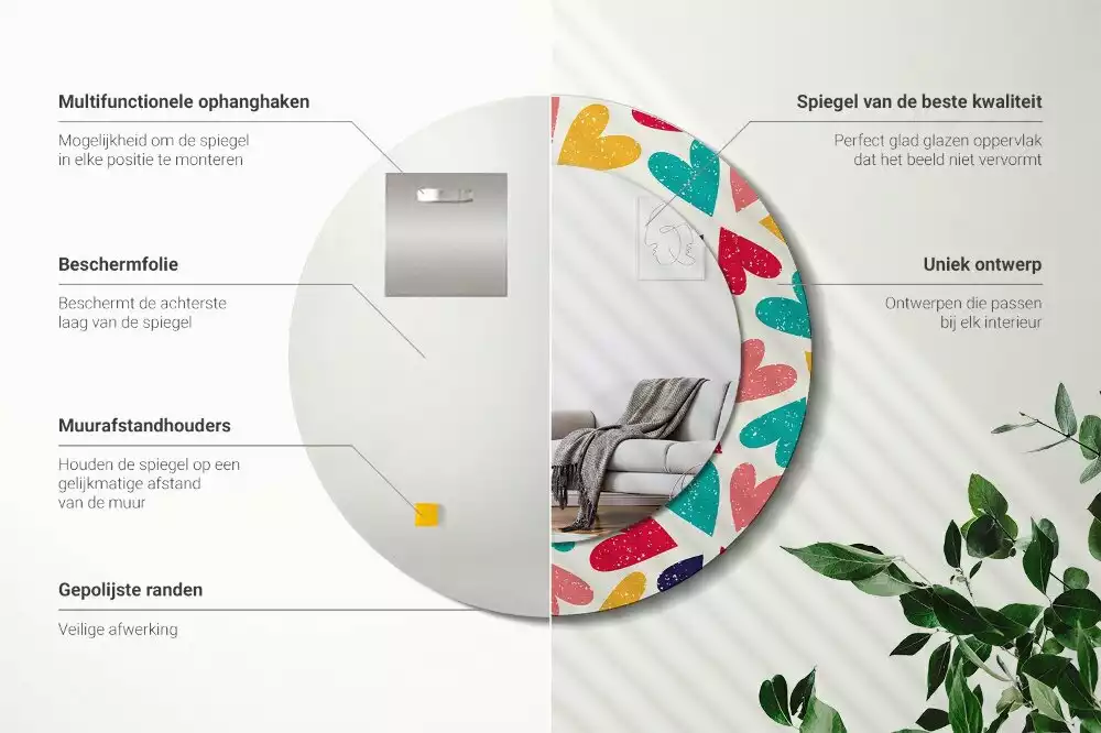 Kerek tükör fali dísz Színes szívek