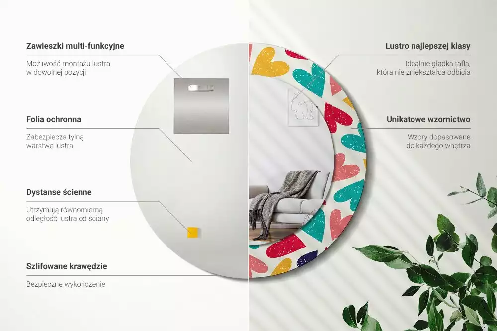 Kerek tükör fali dísz Színes szívek