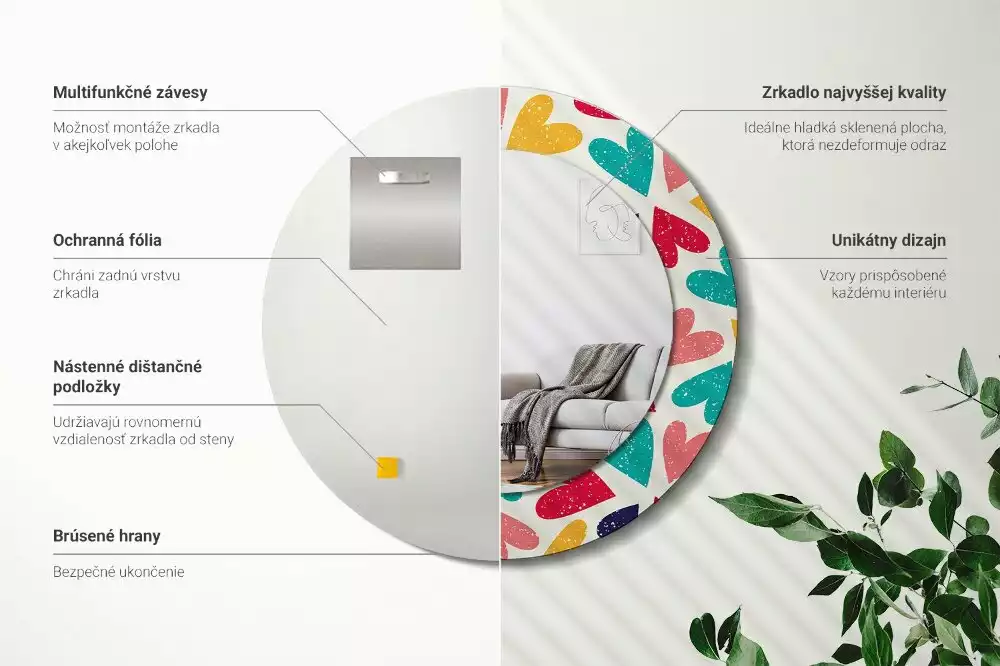 Kerek tükör fali dísz Színes szívek