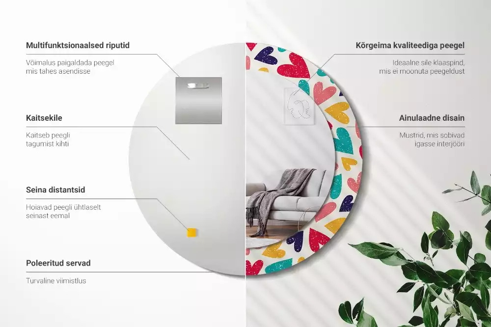 Kerek tükör fali dísz Színes szívek