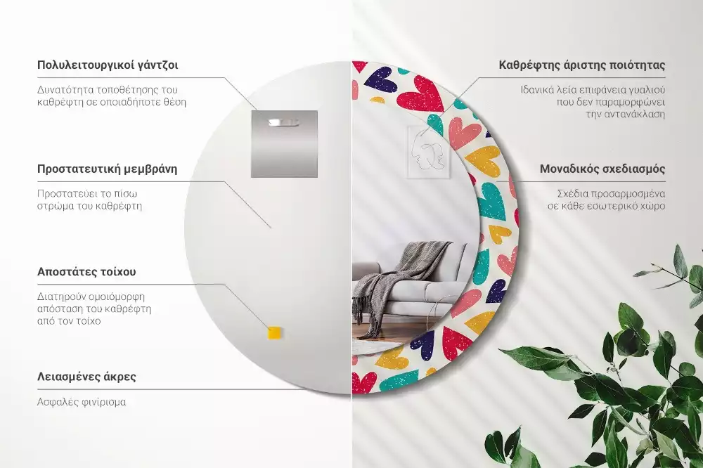 Kerek tükör fali dísz Színes szívek