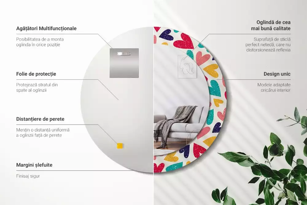 Kerek tükör fali dísz Színes szívek