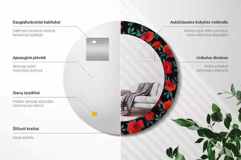 Kerek tükör fali dísz Piros mák