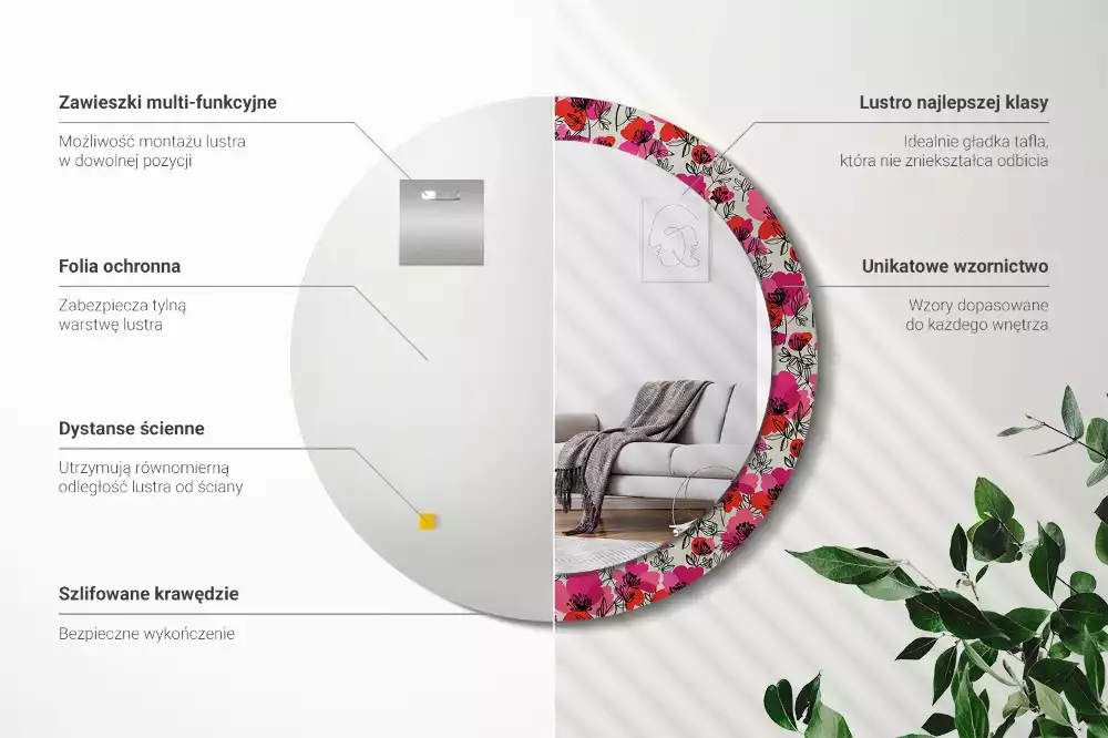 Kerek tükör fali dísz Rózsaszín mák