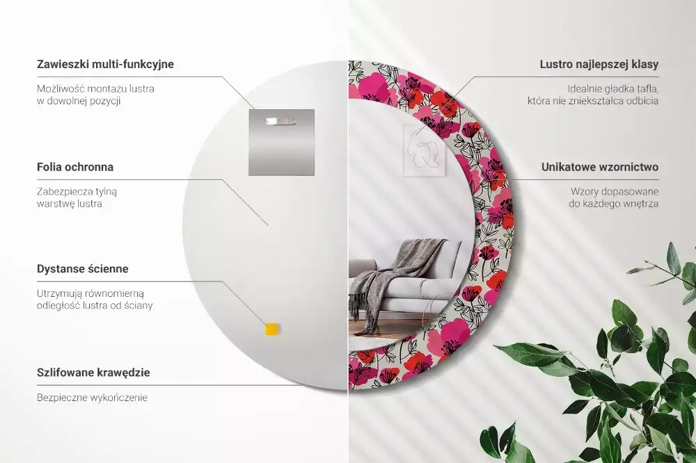 Kerek tükör fali dísz Rózsaszín mák