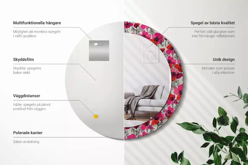 Kerek tükör fali dísz Rózsaszín mák