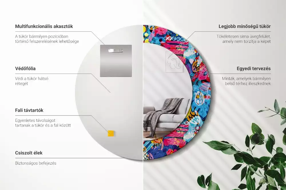 Kerek tükör fali dísz Színes firkák