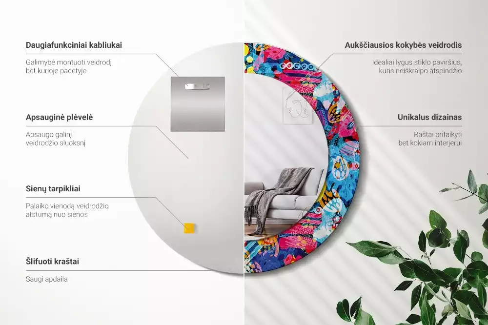 Kerek tükör fali dísz Színes firkák