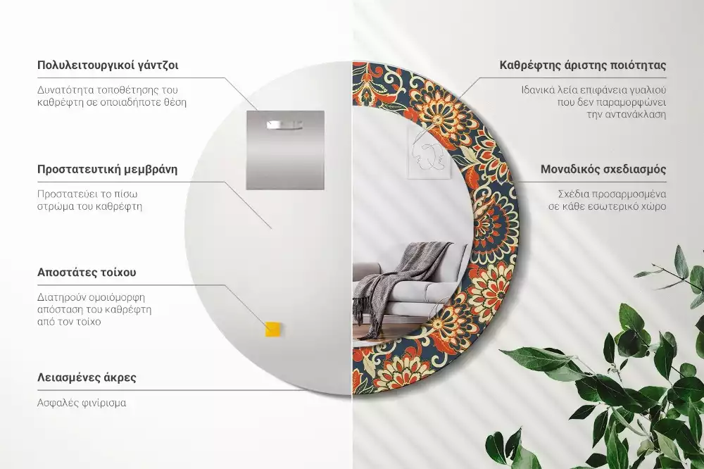 Kerek tükör fali dísz Retro virágok