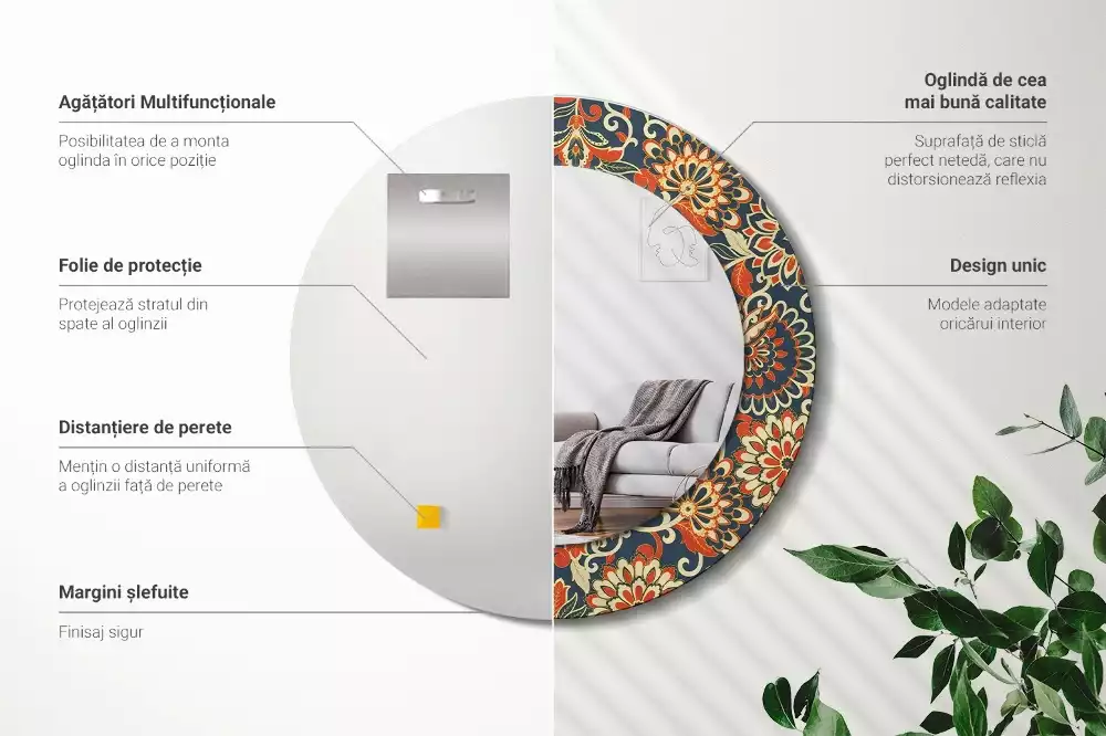 Kerek tükör fali dísz Retro virágok