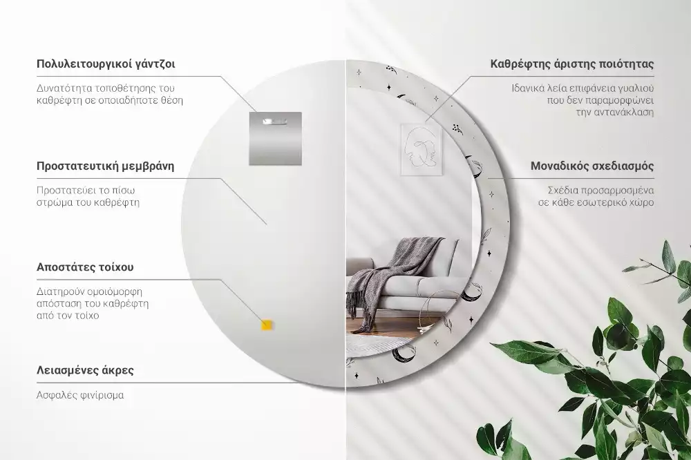 Kerek tükör fali dísz Doodle növények