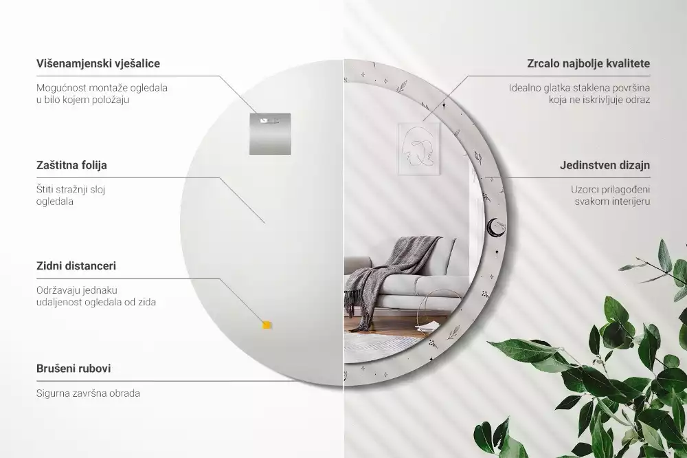 Kerek tükör fali dísz Doodle növények