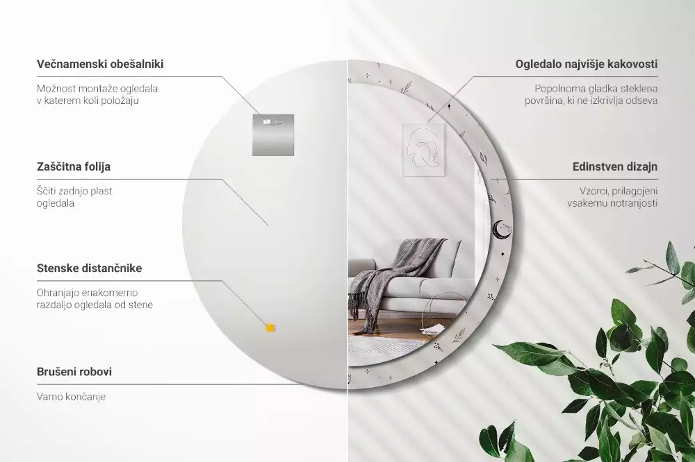 Kerek tükör fali dísz Doodle növények