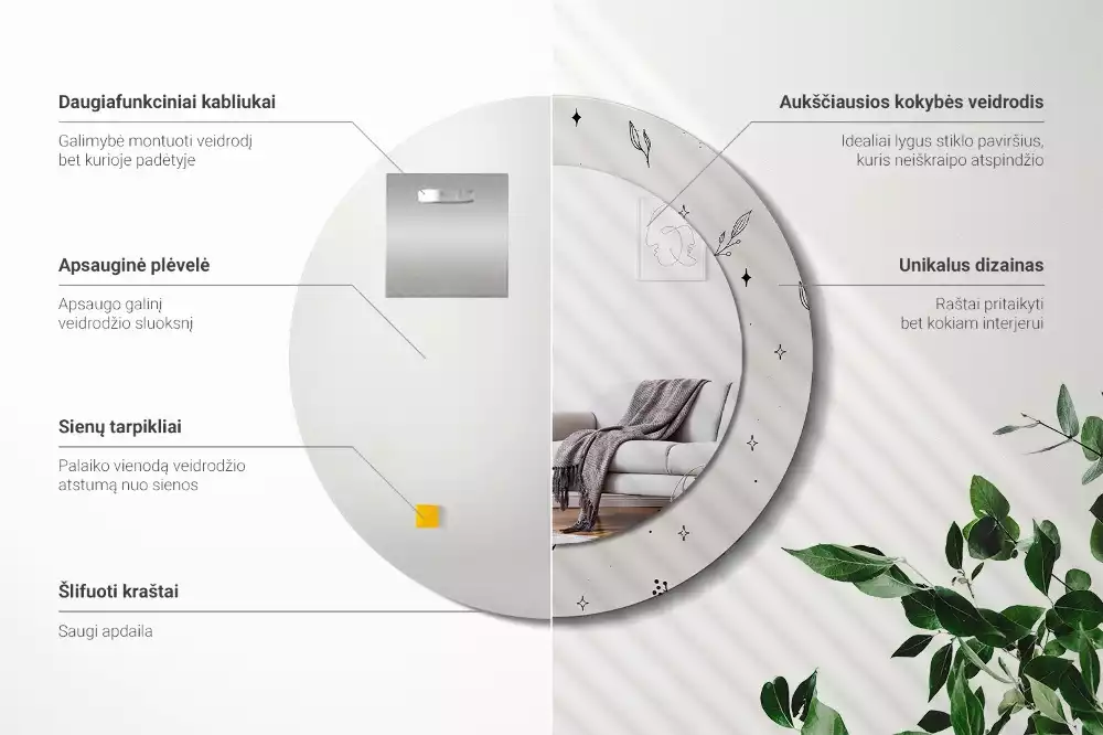 Kerek tükör fali dísz Doodle növények