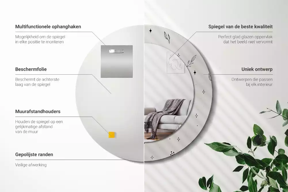 Kerek tükör fali dísz Doodle növények